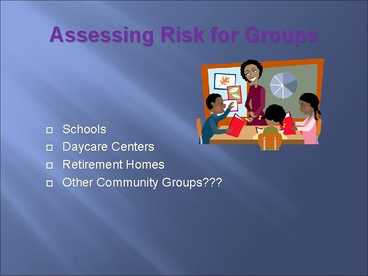 Assessing Risk for Groups Schools Daycare Centers Retirement Homes Other Community Groups? ? ?