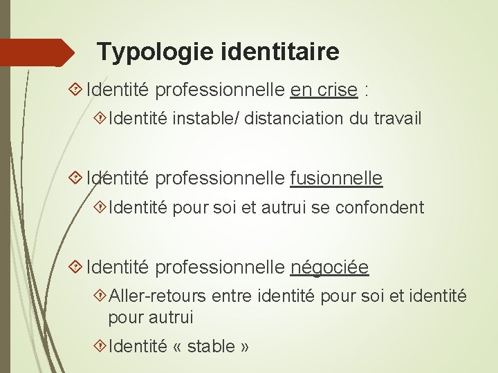 Typologie identitaire Identité professionnelle en crise : Identité instable/ distanciation du travail Identité professionnelle