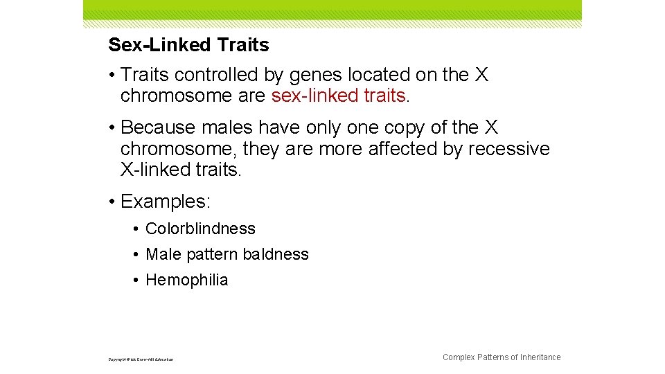 Sex-Linked Traits • Traits controlled by genes located on the X chromosome are sex-linked
