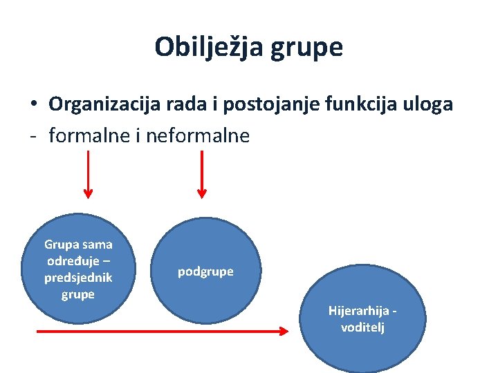 Obilježja grupe • Organizacija rada i postojanje funkcija uloga - formalne i neformalne Grupa