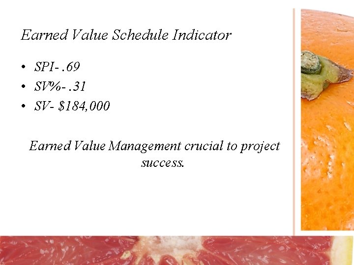 Earned Value Schedule Indicator • SPI-. 69 • SV%-. 31 • SV- $184, 000