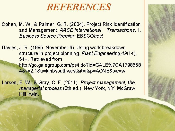REFERENCES Cohen, M. W. , & Palmer, G. R. (2004). Project Risk Identification and REFERENCES Cohen, M. W. , & Palmer, G. R. (2004). Project Risk Identification and