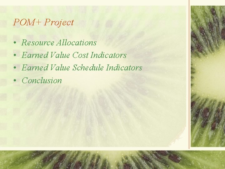 POM+ Project • • Resource Allocations Earned Value Cost Indicators Earned Value Schedule Indicators