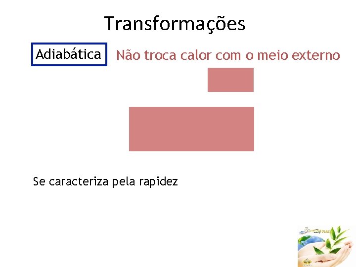 Transformações Adiabática Não troca calor com o meio externo Se caracteriza pela rapidez 