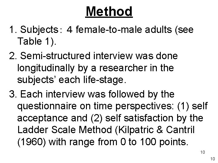 Method 1. Subjects： ４ female-to-male adults (see Table 1). 2. Semi-structured interview was done