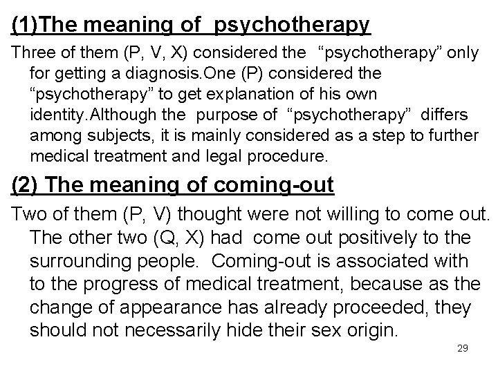 (1)The meaning of psychotherapy Three of them (P, V, X) considered the “psychotherapy” only