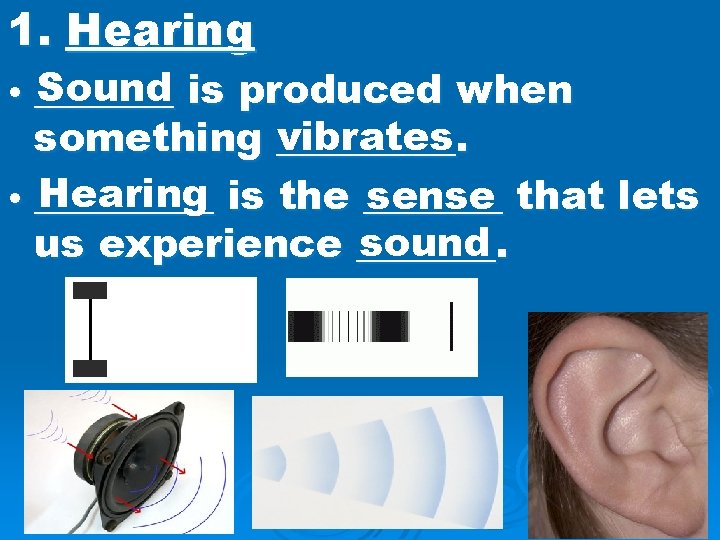 1. Hearing Sound • _______ is produced when vibrates something _____. Hearing is the