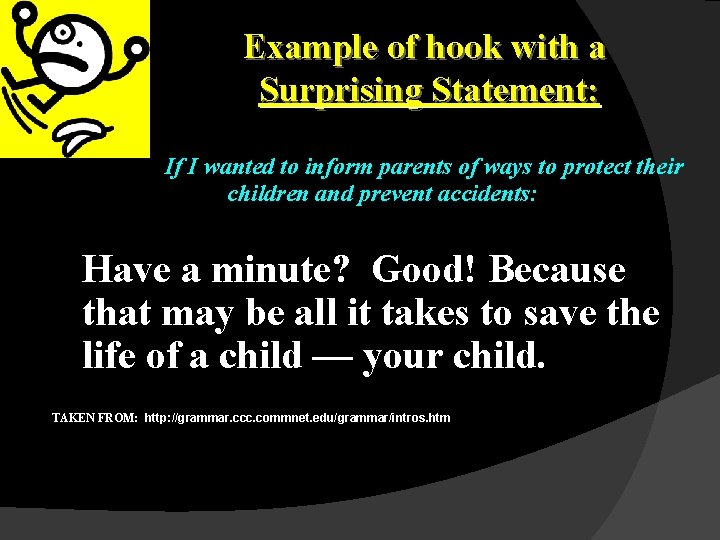 Example of hook with a Surprising Statement: If I wanted to inform parents of