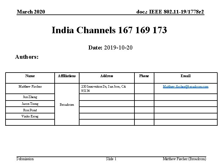 March 2020 doc. : IEEE 802. 11 -19/1778 r 2 India Channels 167 169