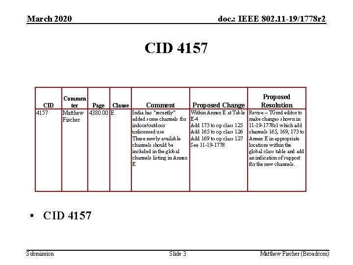 March 2020 doc. : IEEE 802. 11 -19/1778 r 2 CID 4157 Proposed Comment