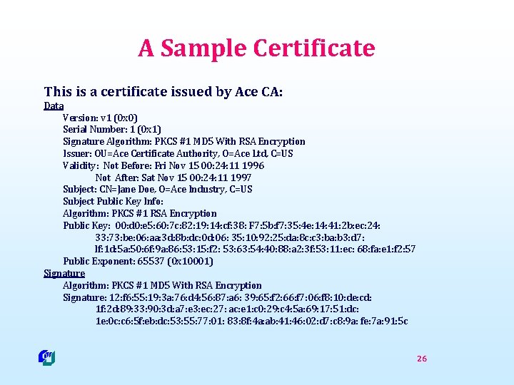 A Sample Certificate This is a certificate issued by Ace CA: Data Version: v