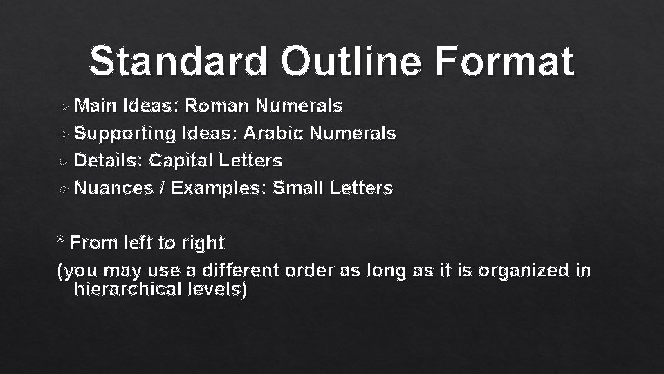 Standard Outline Format Main Ideas: Roman Numerals Supporting Ideas: Arabic Numerals Details: Capital Letters
