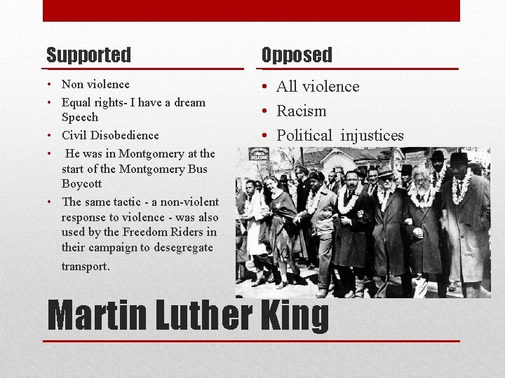 Supported Opposed • Non violence • Equal rights- I have a dream Speech •