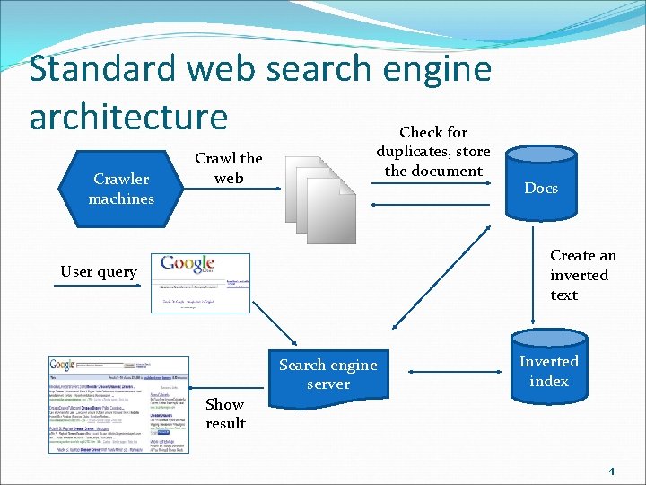 Standard web search engine architecture Crawler machines Crawl the web Check for duplicates, store
