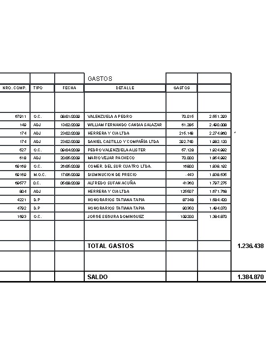 GASTOS NRO. COMP. TIPO FECHA DETALLE GASTOS 67911 O. C. 08/01/2009 VALENZUELA A PEDRO