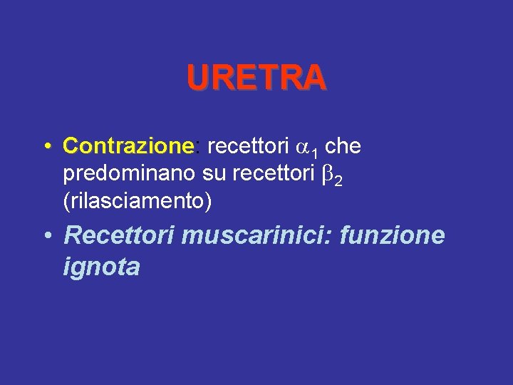 URETRA • Contrazione: Contrazione recettori 1 che predominano su recettori 2 (rilasciamento) • Recettori