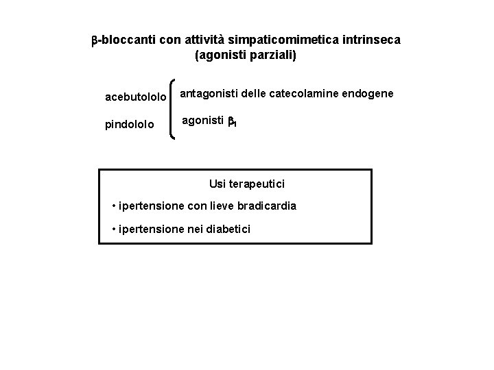  -bloccanti con attività simpaticomimetica intrinseca (agonisti parziali) acebutololo antagonisti delle catecolamine endogene pindololo