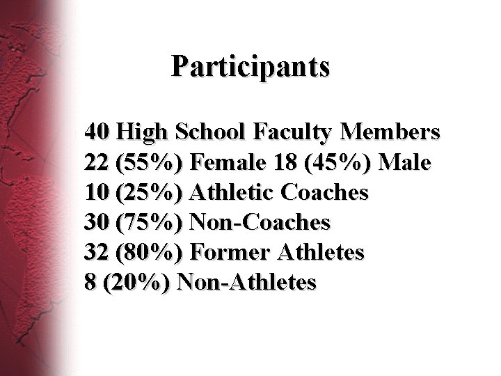 Participants 40 High School Faculty Members 22 (55%) Female 18 (45%) Male 10 (25%)