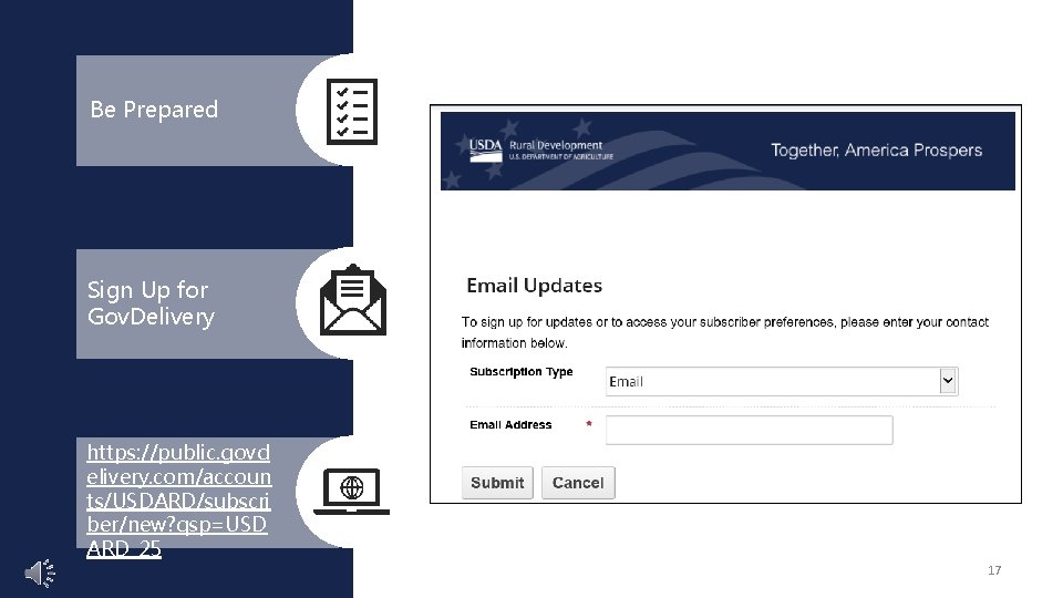 Be Prepared Sign Up for Gov. Delivery https: //public. govd elivery. com/accoun ts/USDARD/subscri ber/new?