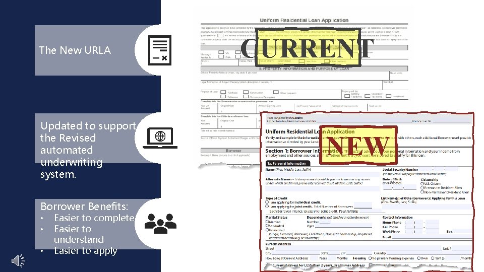 The New URLA Updated to support the Revised automated underwriting system. CURRENT NEW Borrower