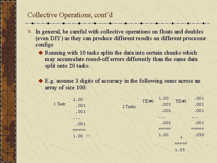 Collective Operations, cont’d In general, be careful with collective operations on floats and doubles