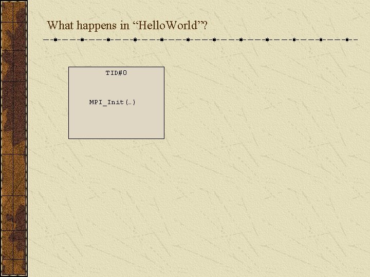 What happens in “Hello. World”? TID#0 MPI_Init(…) 