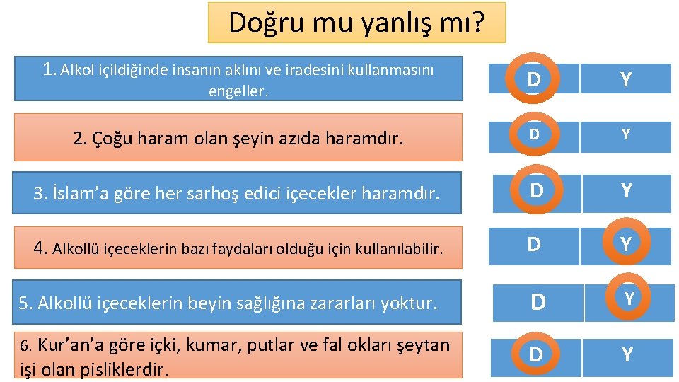 Doğru mu yanlış mı? 1. Alkol içildiğinde insanın aklını ve iradesini kullanmasını engeller. D