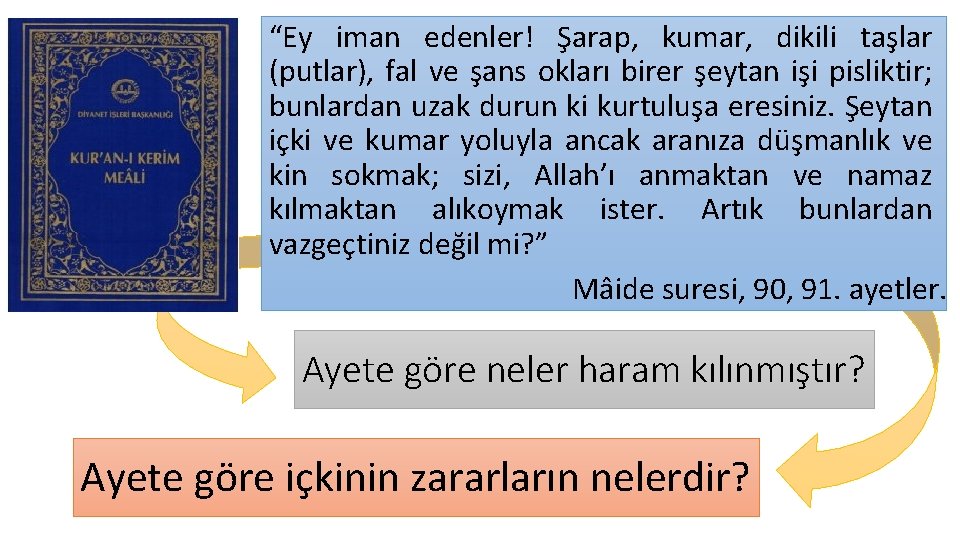 “Ey iman edenler! Şarap, kumar, dikili taşlar (putlar), fal ve şans okları birer şeytan