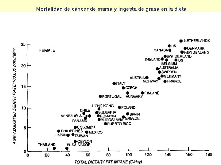 Mortalidad de cáncer de mama y ingesta de grasa en la dieta 