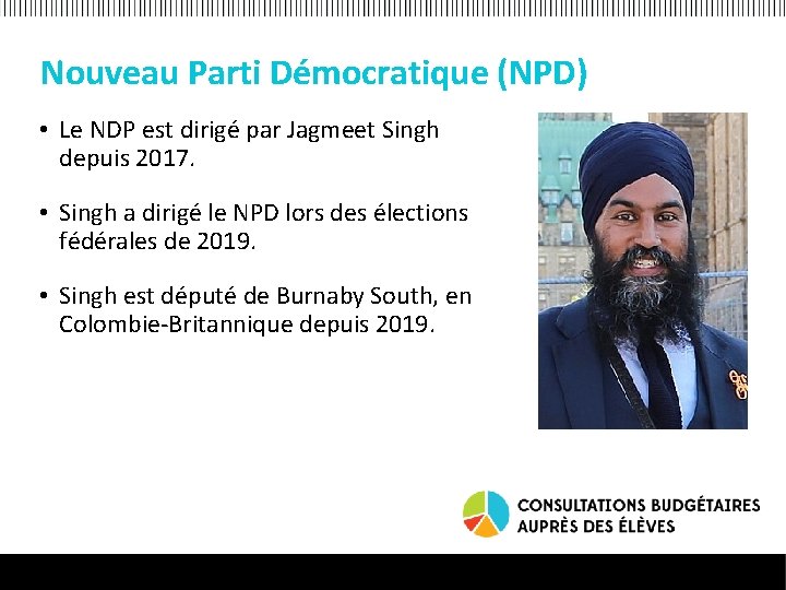 Nouveau Parti Démocratique (NPD) • Le NDP est dirigé par Jagmeet Singh depuis 2017.