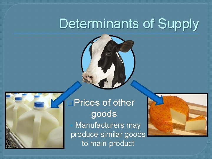 Determinants of Supply �Prices of other goods • Manufacturers may produce similar goods to