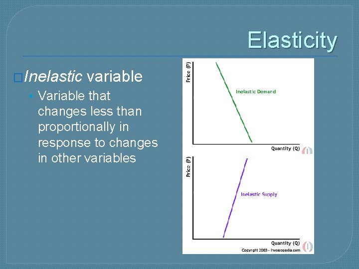 Elasticity �Inelastic variable • Variable that changes less than proportionally in response to changes