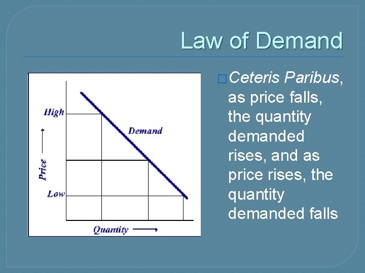 Law of Demand �Ceteris Paribus, as price falls, the quantity demanded rises, and as