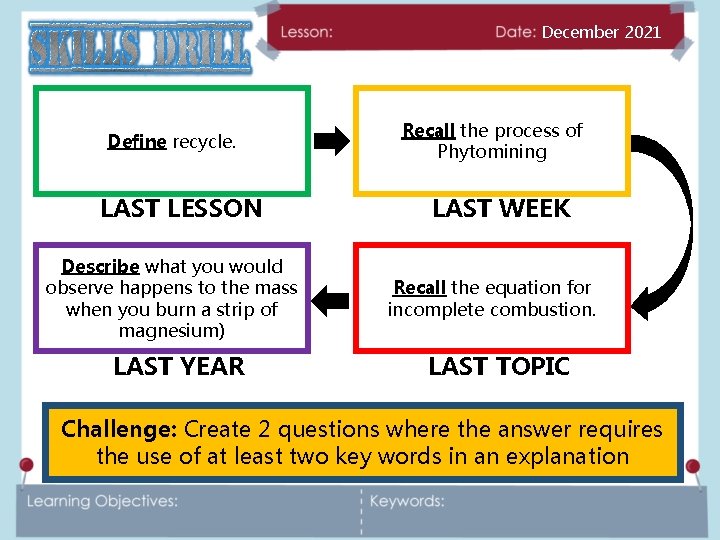 December 2021 Define recycle. LAST LESSON Describe what you would observe happens to the