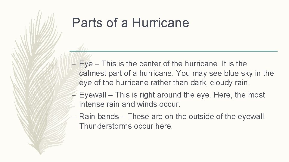 Parts of a Hurricane – Eye – This is the center of the hurricane.