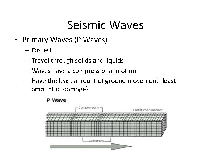 Seismic Waves • Primary Waves (P Waves) – – Fastest Travel through solids and