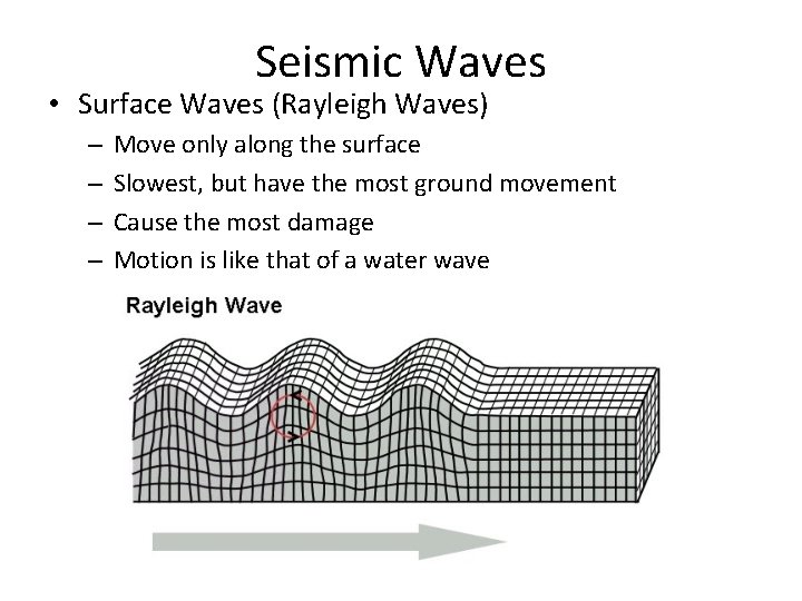 Seismic Waves • Surface Waves (Rayleigh Waves) – – Move only along the surface