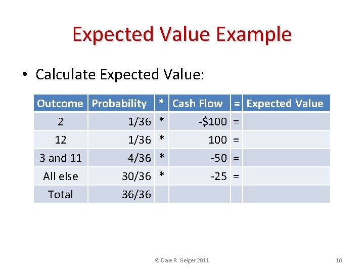 Expected Value Example • Calculate Expected Value: Outcome Probability 2 1/36 12 1/36 3