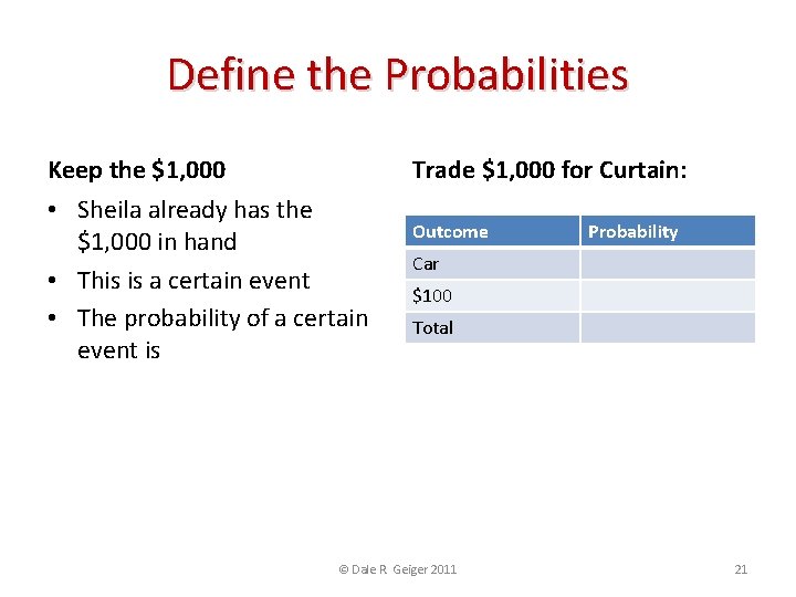 Define the Probabilities Keep the $1, 000 Trade $1, 000 for Curtain: • Sheila