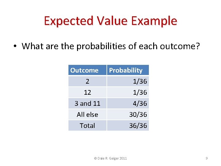 Expected Value Example • What are the probabilities of each outcome? Outcome 2 12