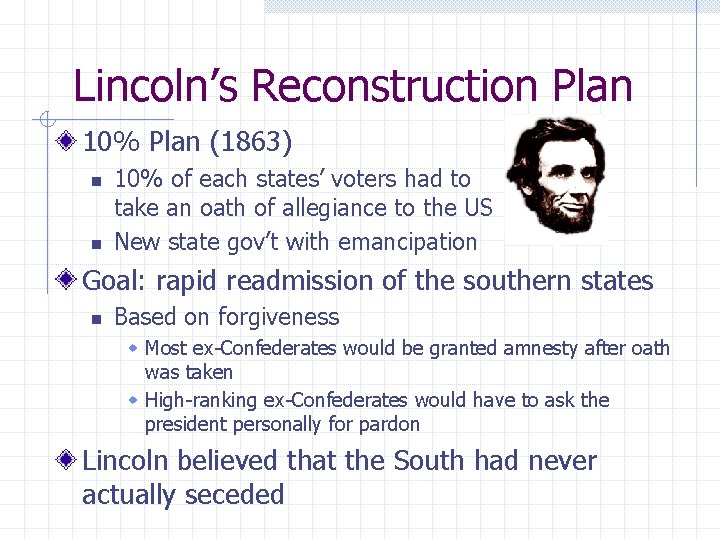 Lincoln’s Reconstruction Plan 10% Plan (1863) n n 10% of each states’ voters had