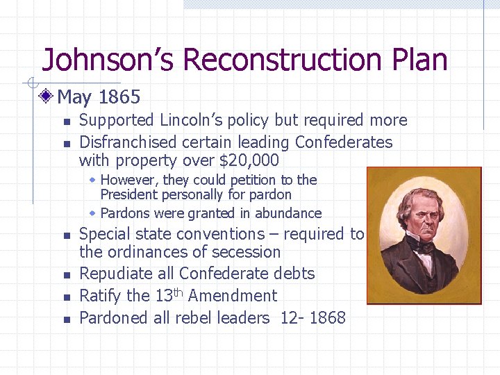 Johnson’s Reconstruction Plan May 1865 n n Supported Lincoln’s policy but required more Disfranchised