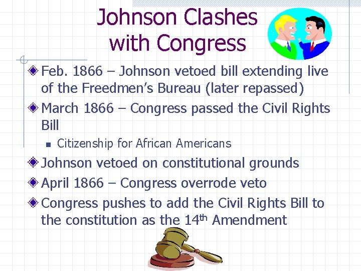 Johnson Clashes with Congress Feb. 1866 – Johnson vetoed bill extending live of the