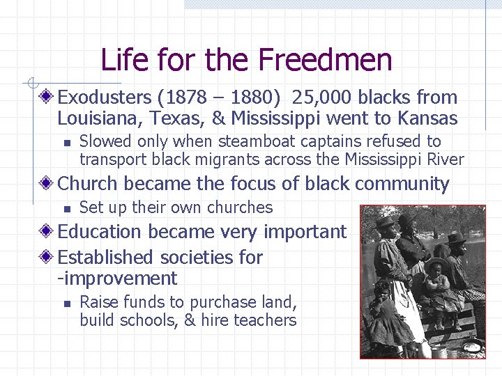 Life for the Freedmen Exodusters (1878 – 1880) 25, 000 blacks from Louisiana, Texas,