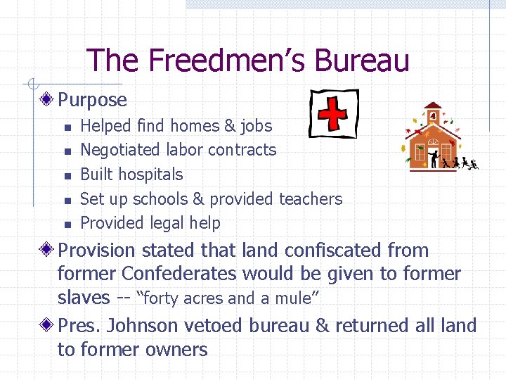 The Freedmen’s Bureau Purpose n n n Helped find homes & jobs Negotiated labor