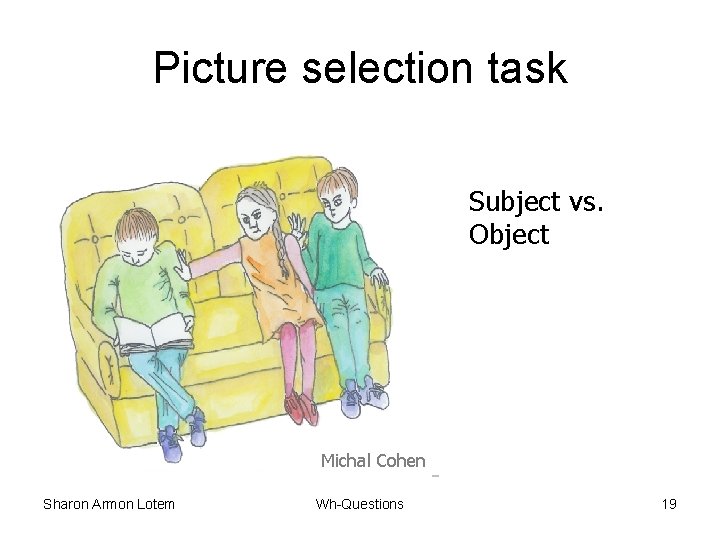 Picture selection task Subject vs. Object Michal Cohen Sharon Armon Lotem Wh-Questions 19 