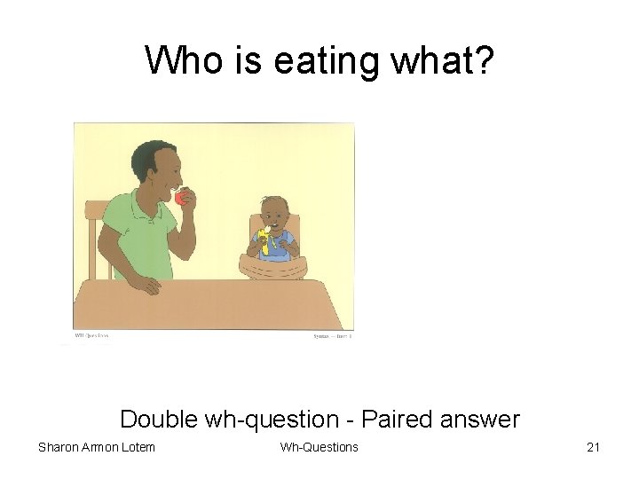 Who is eating what? Double wh-question - Paired answer Sharon Armon Lotem Wh-Questions 21
