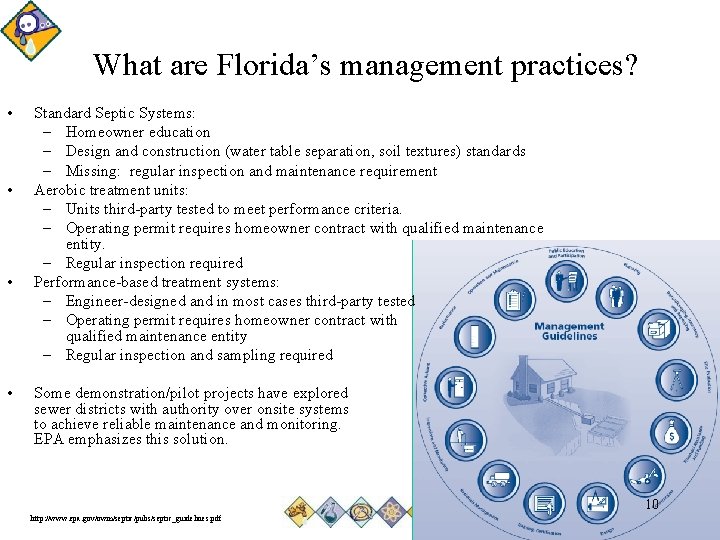 What are Florida’s management practices? • • Standard Septic Systems: – Homeowner education –