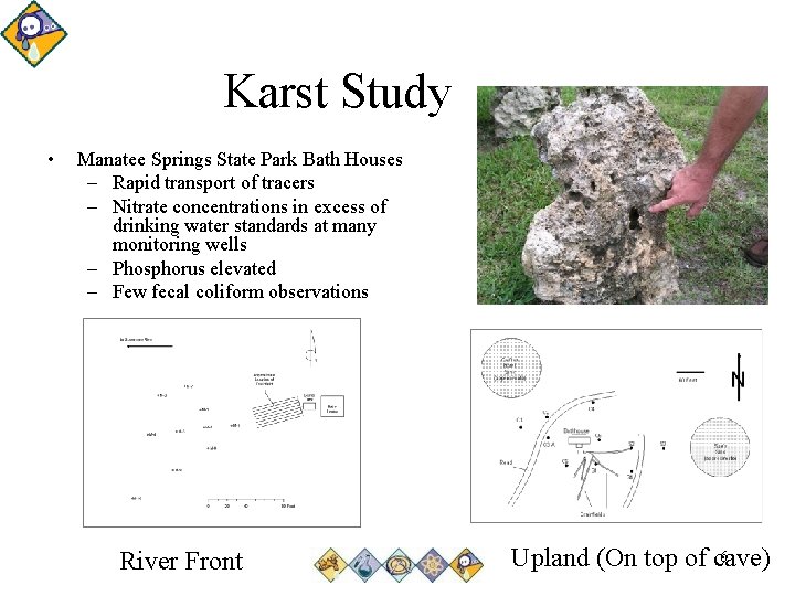 Karst Study • Manatee Springs State Park Bath Houses – Rapid transport of tracers Karst Study • Manatee Springs State Park Bath Houses – Rapid transport of tracers