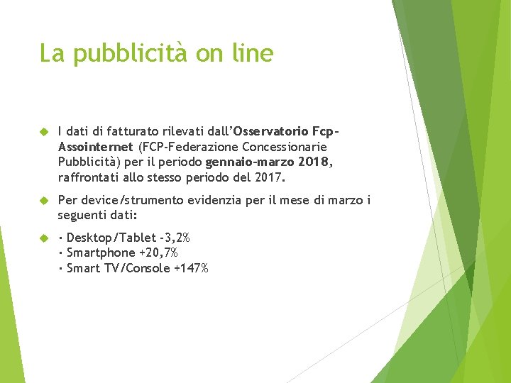 La pubblicità on line I dati di fatturato rilevati dall’Osservatorio Fcp. Assointernet (FCP-Federazione Concessionarie